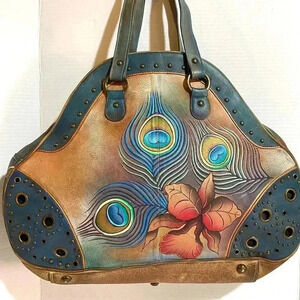 Anuschka Multicolor Peacock Feather Satchel Extra Large Retired